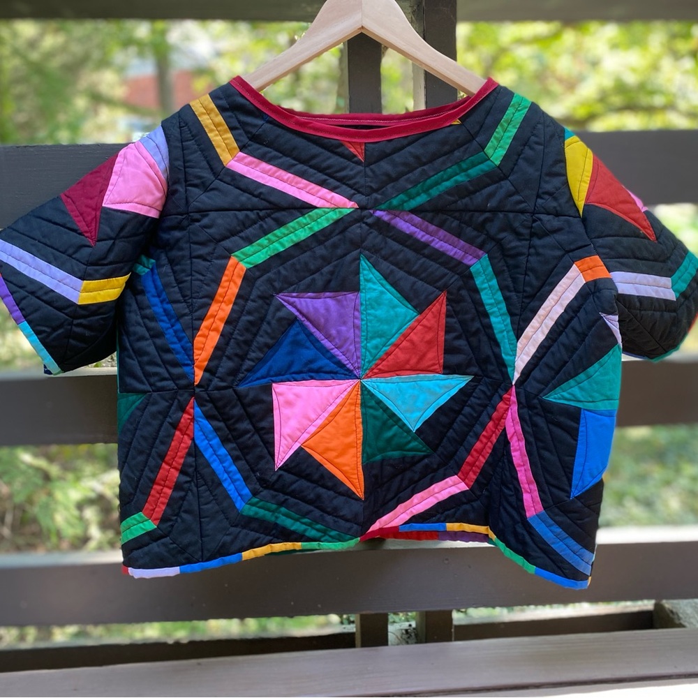 Vintage Quilt top medium black colorful rainbow star